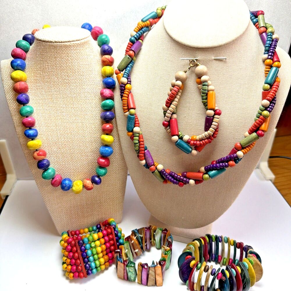 Colorful Boho Jewelry Lot Beaded Necklaces Chunky Bracelets Rainbow Statement